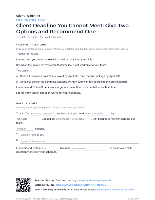 Preview of the practice sheet for Client Deadline You Cannot Meet: Give Two Options and Recommend One