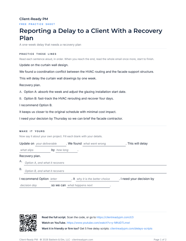 Preview of the practice sheet for Reporting a Delay to a Client With a Recovery Plan