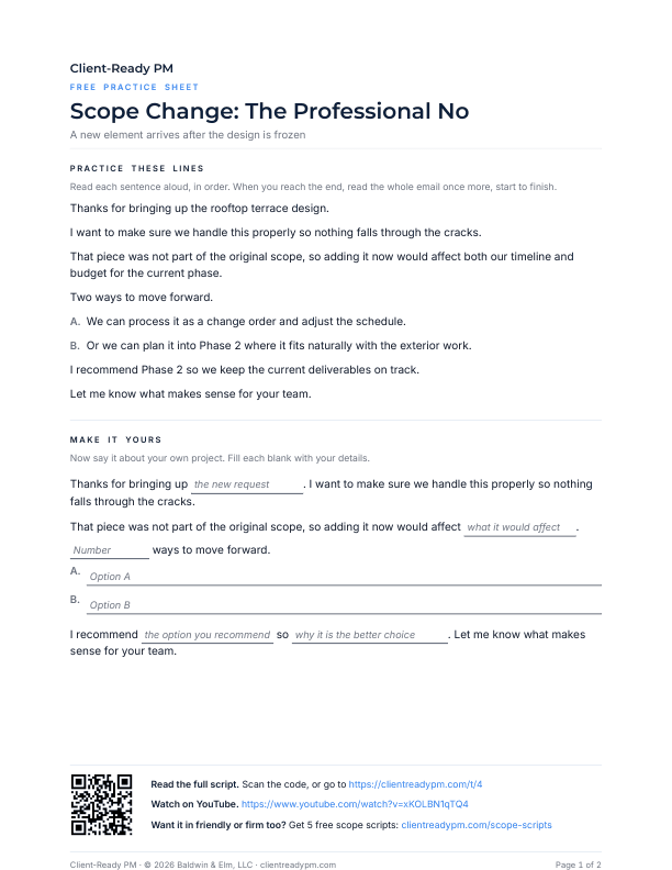 Preview of the practice sheet for Scope Change: The Professional No