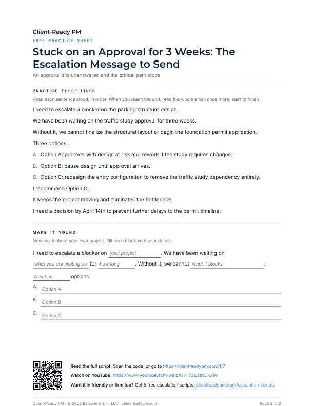 Preview of the practice sheet for Stuck on an Approval for 3 Weeks: The Escalation Message to Send