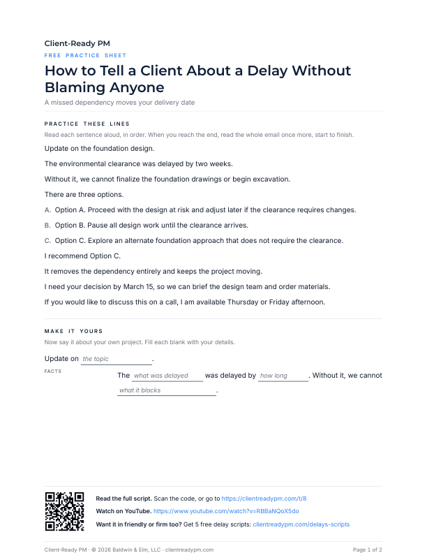 Preview of the practice sheet for How to Tell a Client About a Delay Without Blaming Anyone