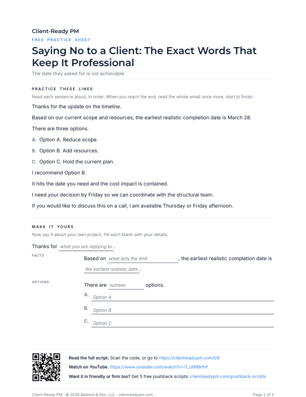 Preview of the practice sheet for Saying No to a Client: The Exact Words That Keep It Professional