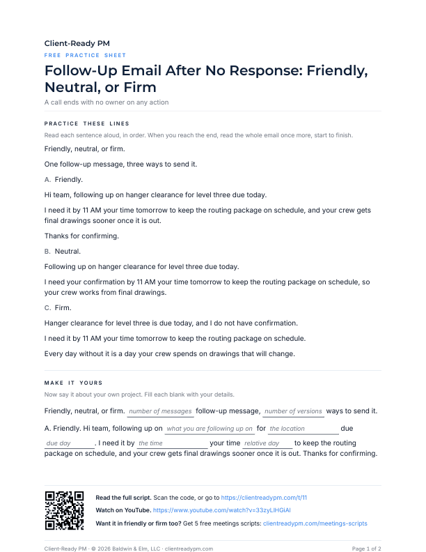 Preview of the practice sheet for Follow-Up Email After No Response: Friendly, Neutral, or Firm