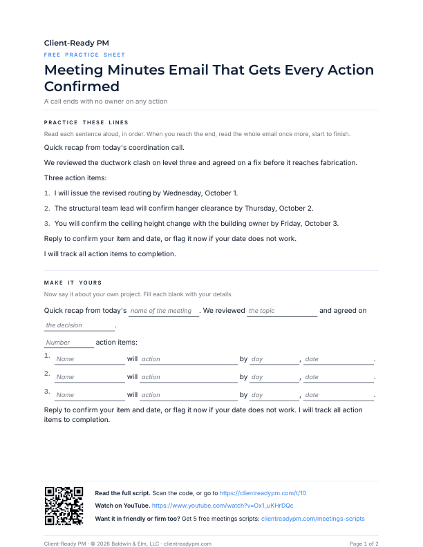 Preview of the practice sheet for Meeting Minutes Email That Gets Every Action Confirmed
