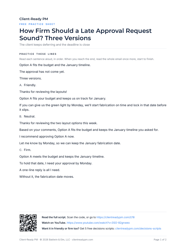 Preview of the practice sheet for How Firm Should a Late Approval Request Sound? Three Versions