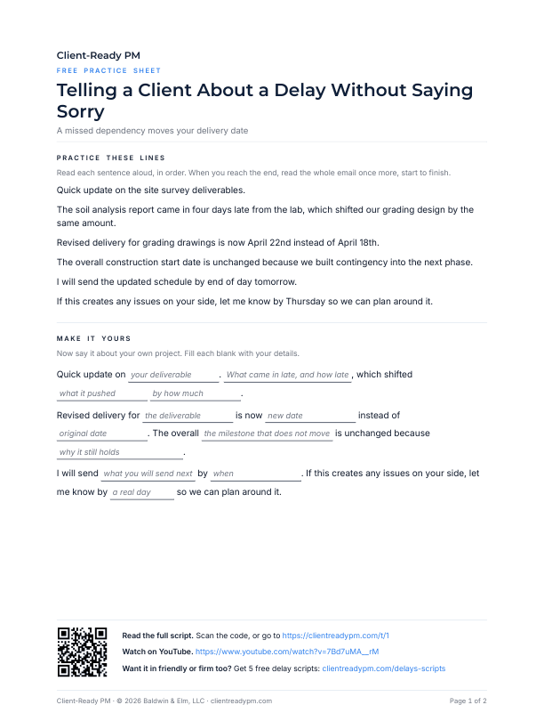 Preview of the practice sheet for Telling a Client About a Delay Without Saying Sorry