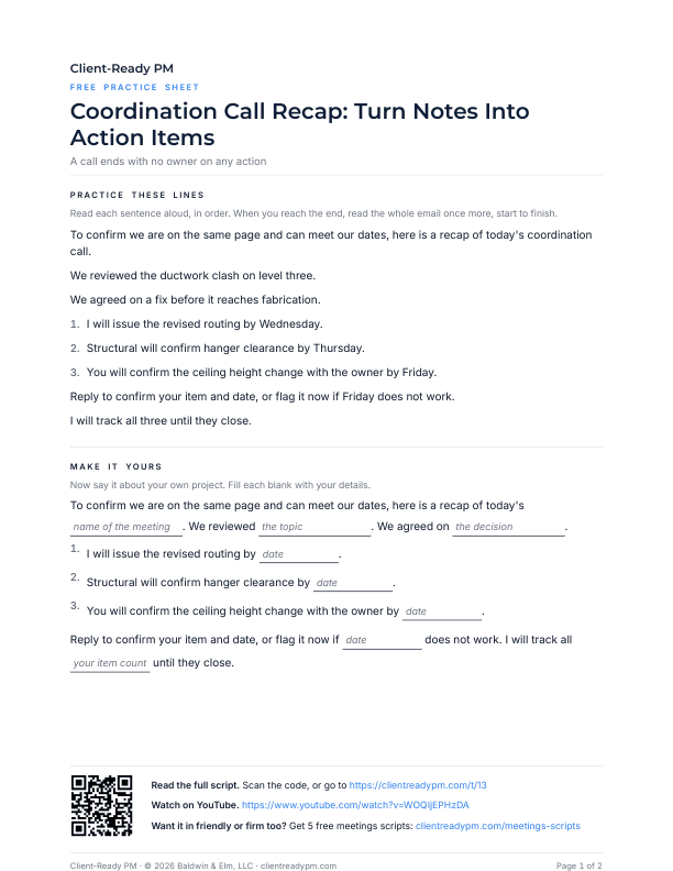 Preview of the practice sheet for Coordination Call Recap: Turn Notes Into Action Items